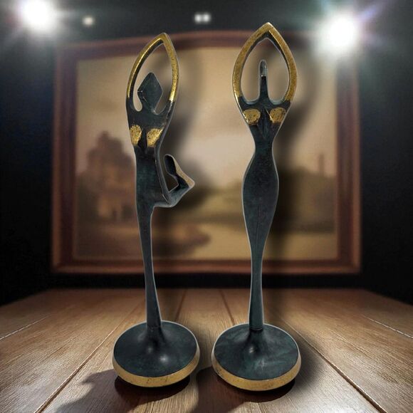 Pair Vintage Brutalist Bronze Ballet Sculptures Midcentury Modern Dancer Figure - Picture 1 of 8